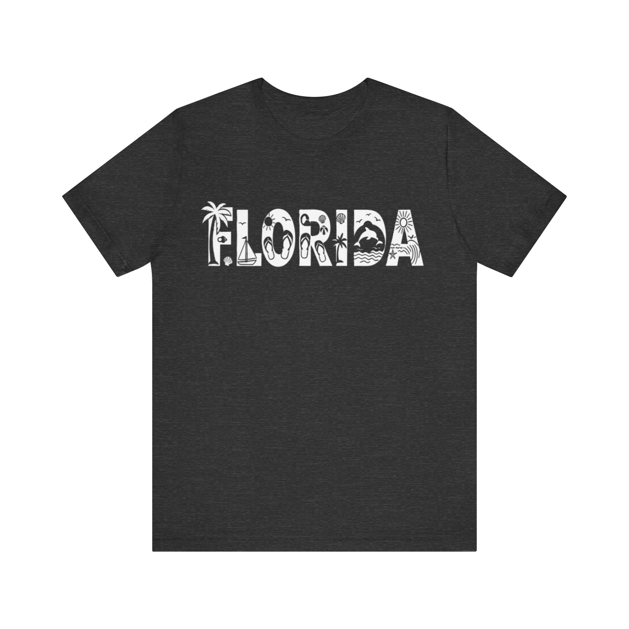 Florida Beach Icons Shirt – Minimalist Sunshine State Tee | Palm Tree, Flip-Flop & Dolphin Design T-Shirt Please Note: (Sizes may run slightly small)