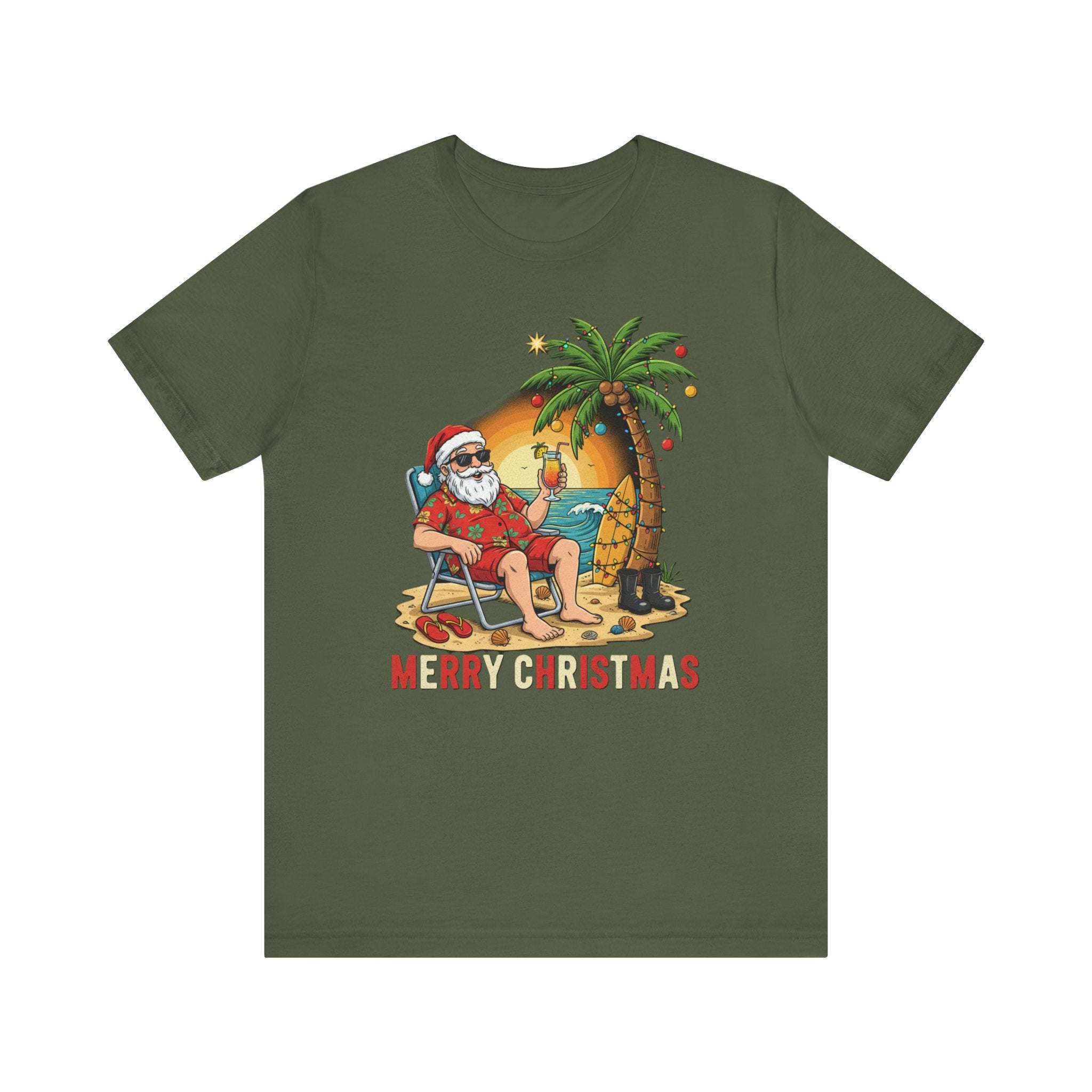 Funny Tropical Santa Shirt – “Merry Christmas” Beach Sunset Tee | Florida Holiday Humor T-Shirt Pease Note: (Sizes may run slightly small)