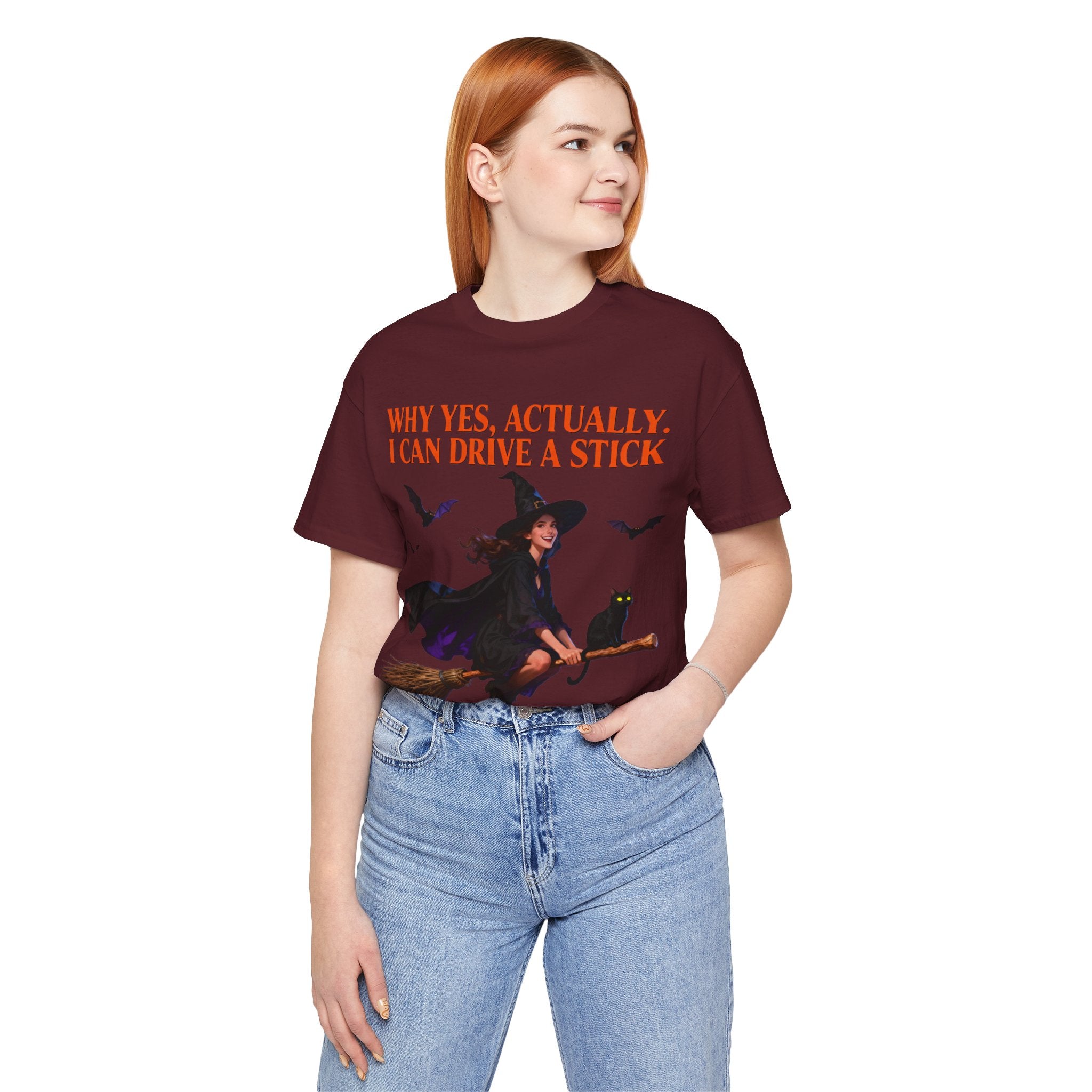 Funny Witch Shirt – “Why Yes, Actually. I Can Drive a Stick” Tee