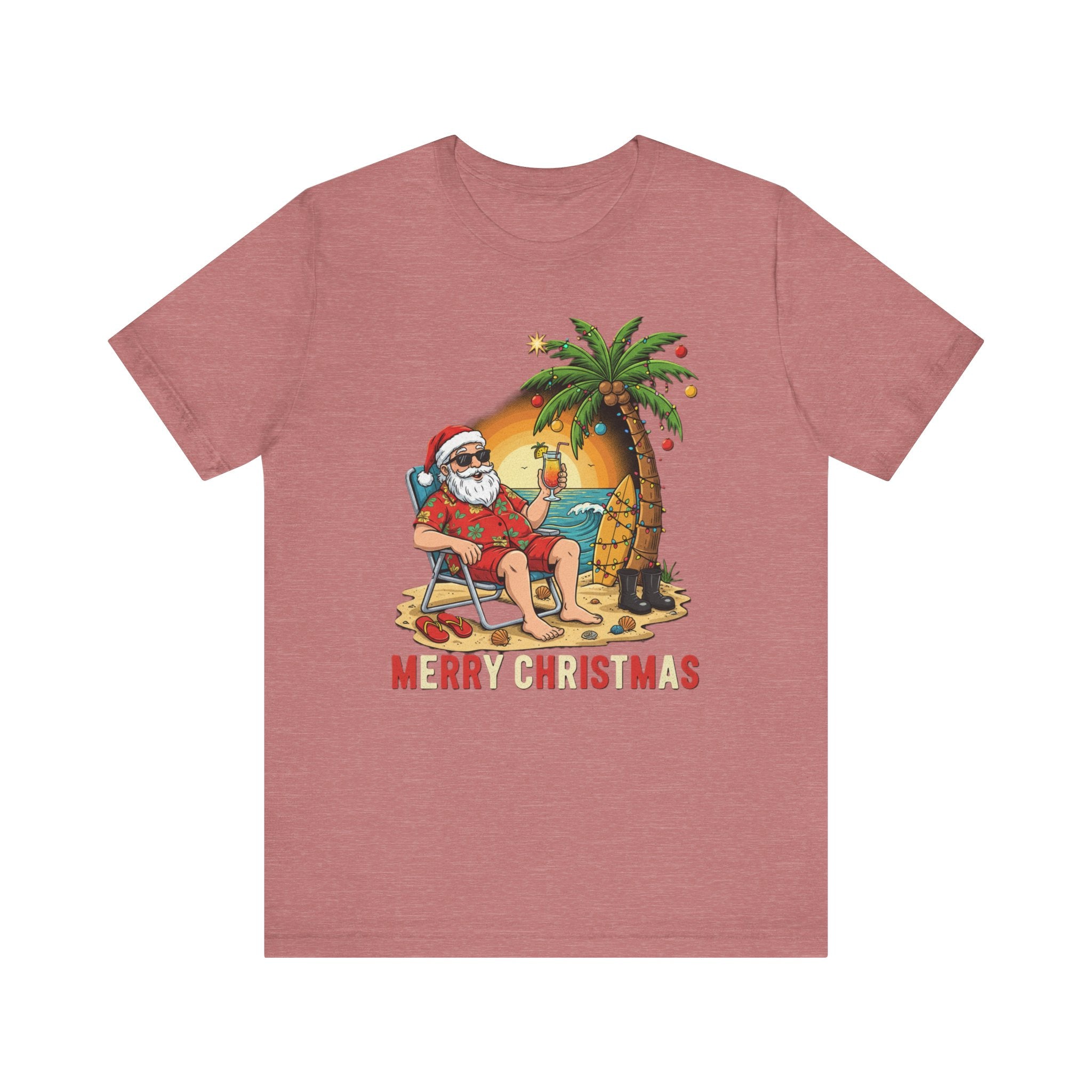 Funny Tropical Santa Shirt – “Merry Christmas” Beach Sunset Tee | Florida Holiday Humor T-Shirt Pease Note: (Sizes may run slightly small)