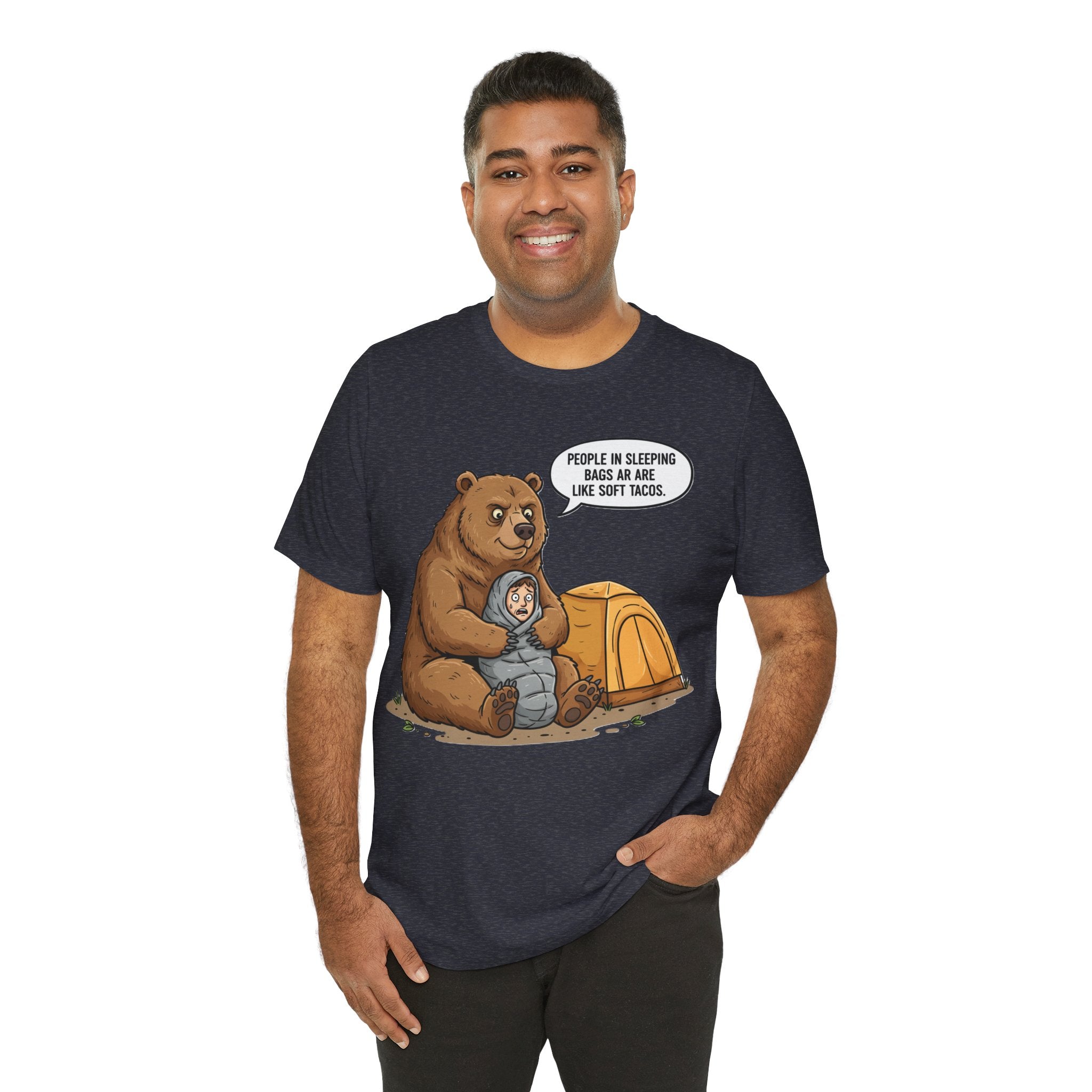 Funny Camping T-Shirt – “People in Sleeping Bags Are Like Soft Tacos”