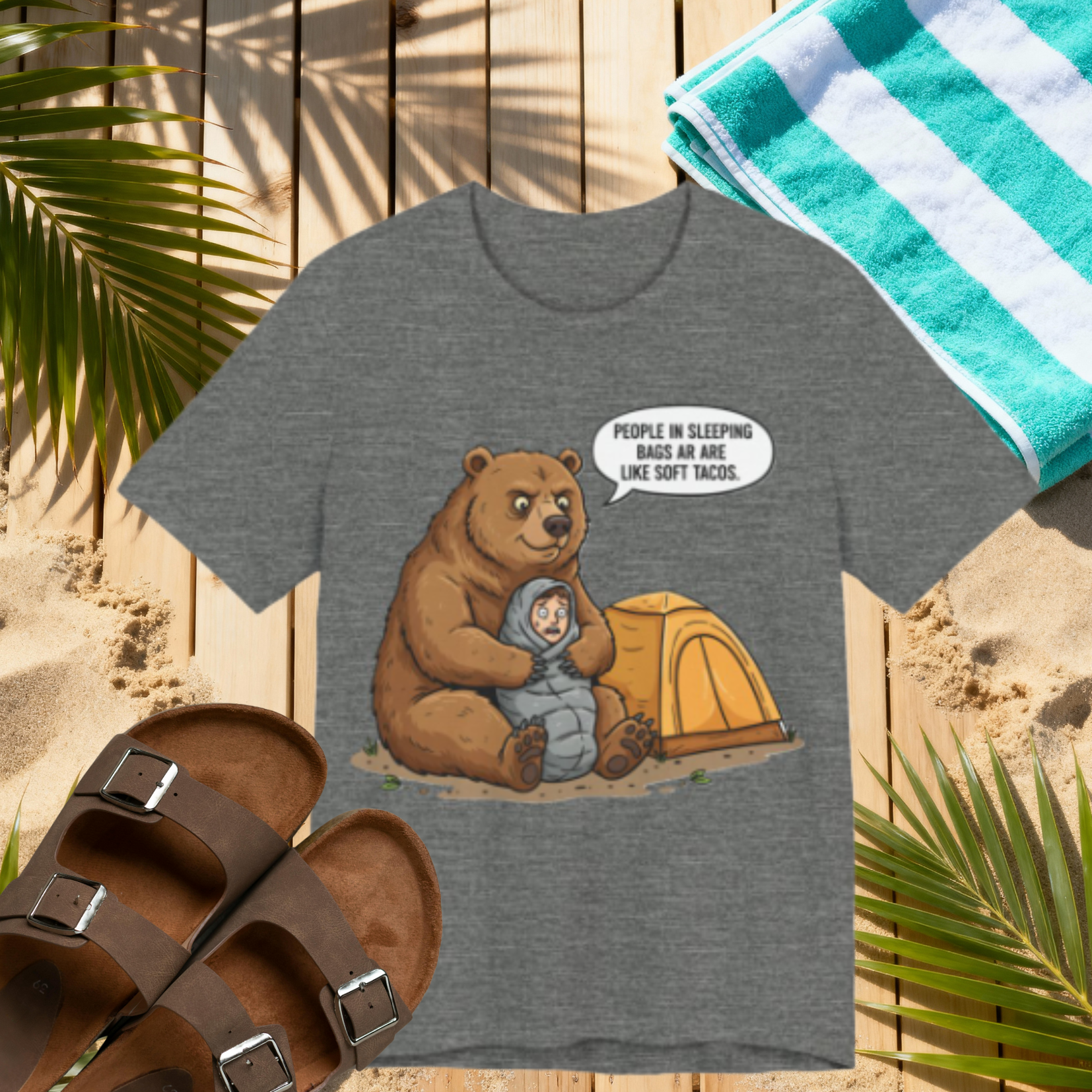 Funny Camping T-Shirt – “People in Sleeping Bags Are Like Soft Tacos”
