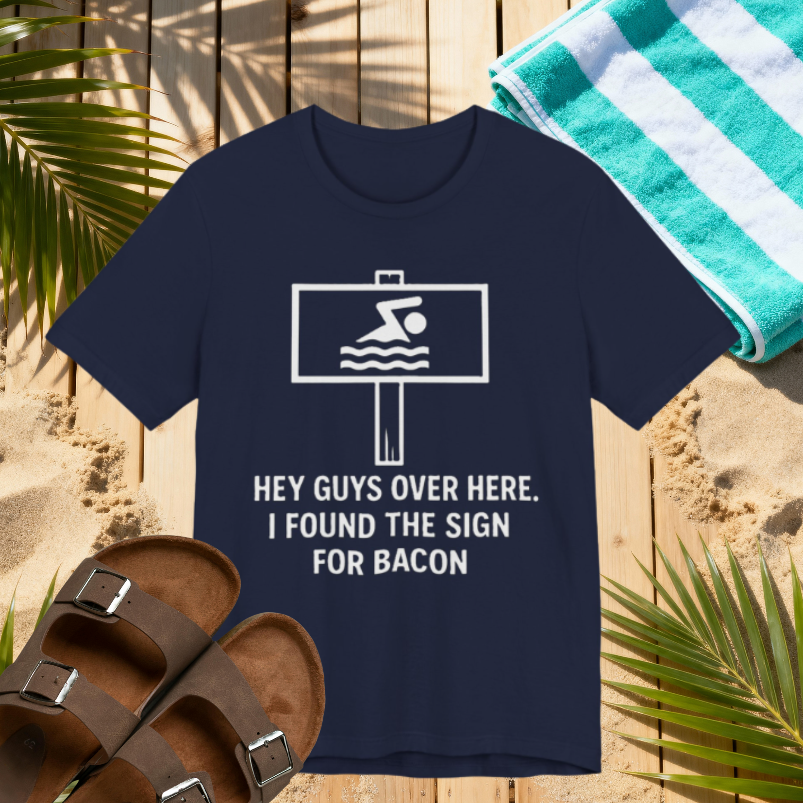 Funny Bacon Lover Shirt – “I Found the Sign for Bacon” Swimming Sign Joke Tee