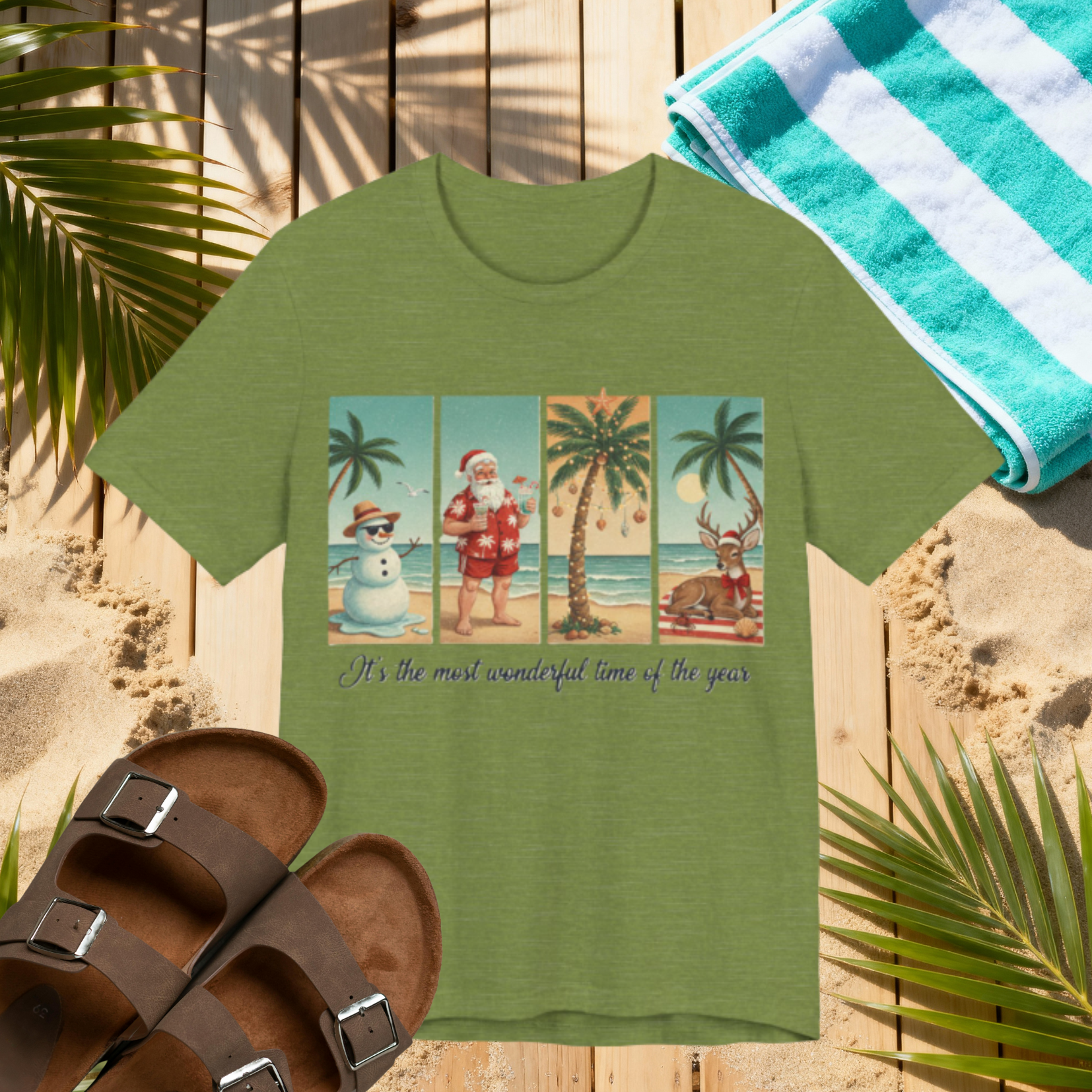 Florida Christmas Beach Shirt – Tropical Holiday Santa, Snowman & Reindeer Tee