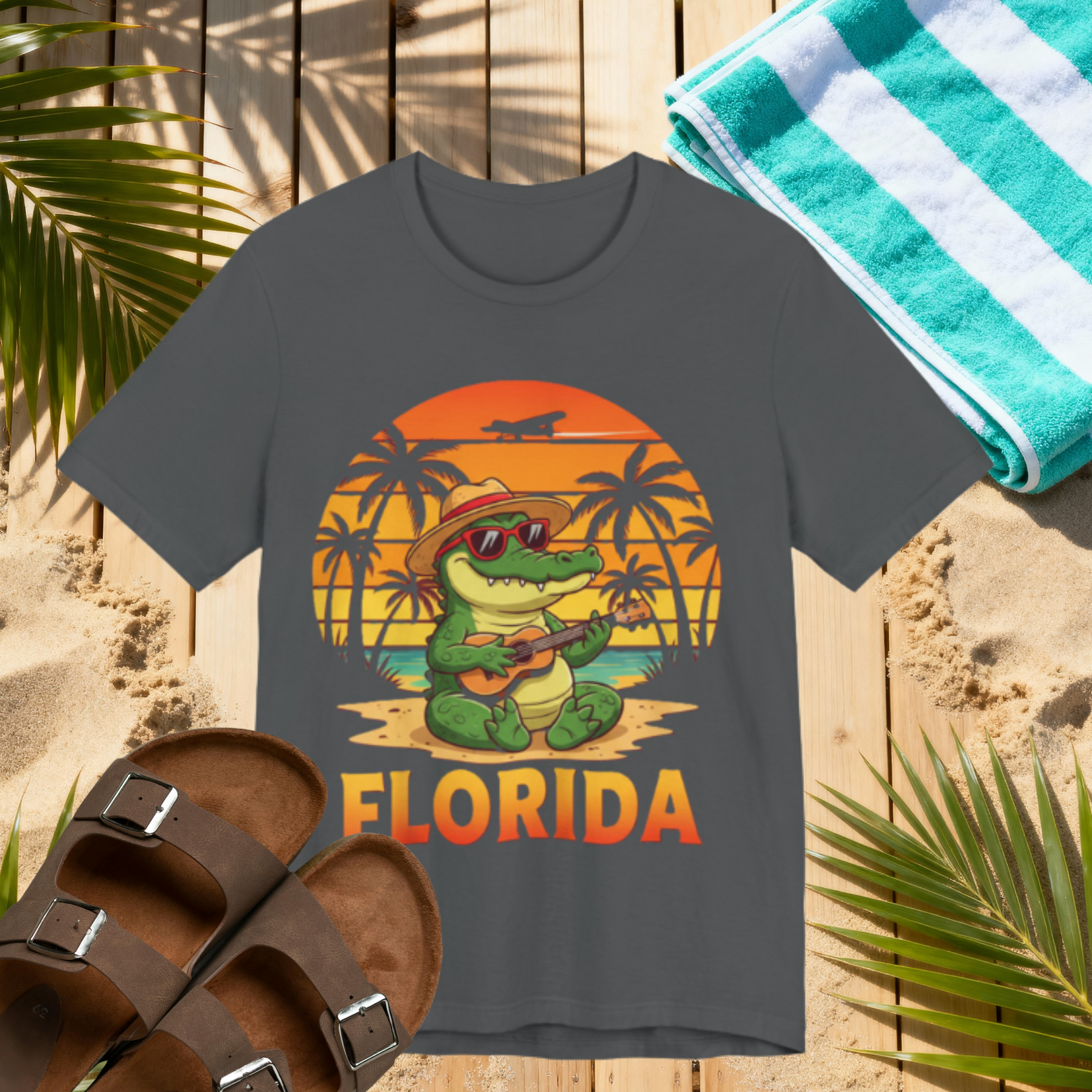 Florida Alligator Sunset T-Shirt – Chill Gator with Guitar Beach Vibes Tee
