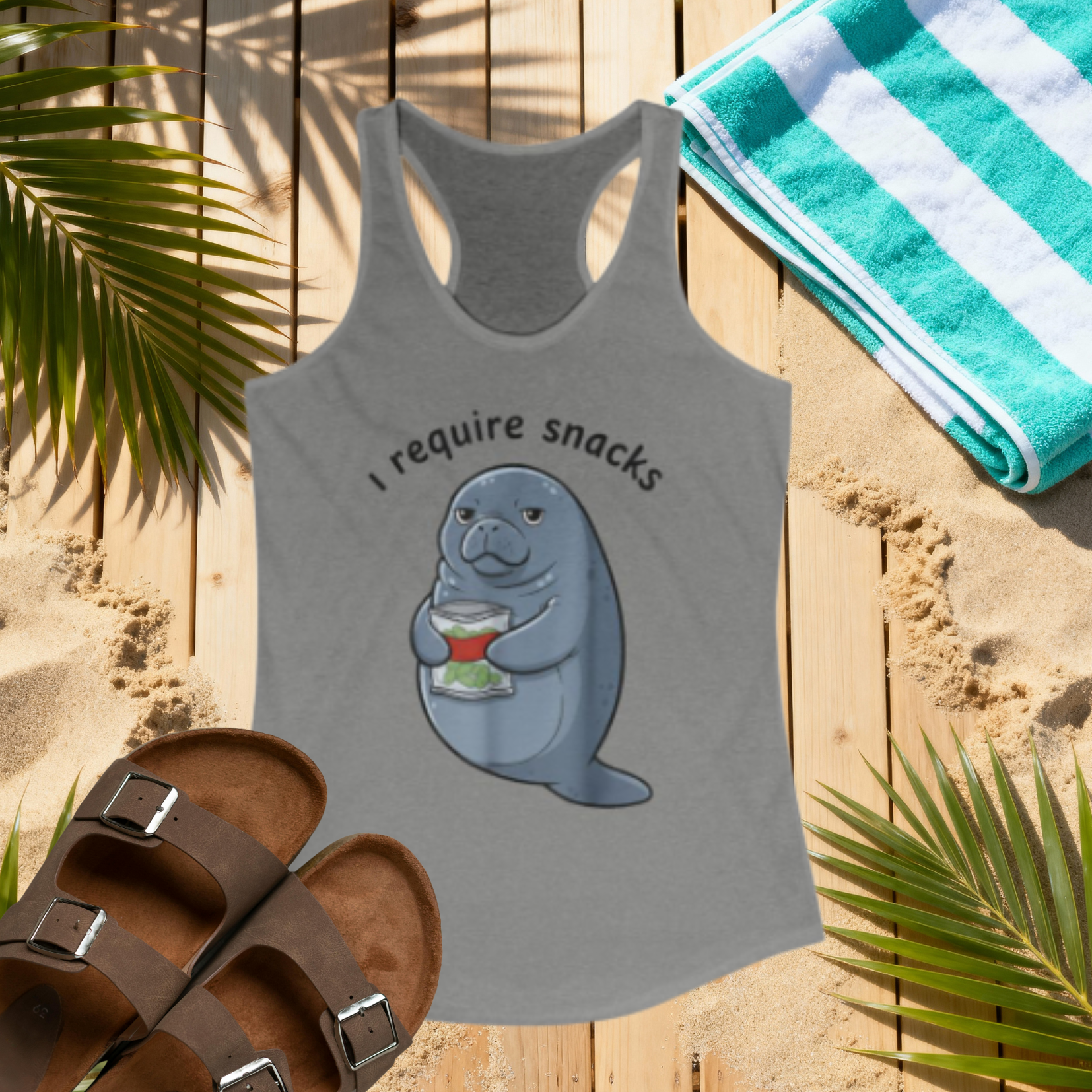 Funny “I Require Snacks” Manatee Tank Top – Women’s Lightweight Racerback