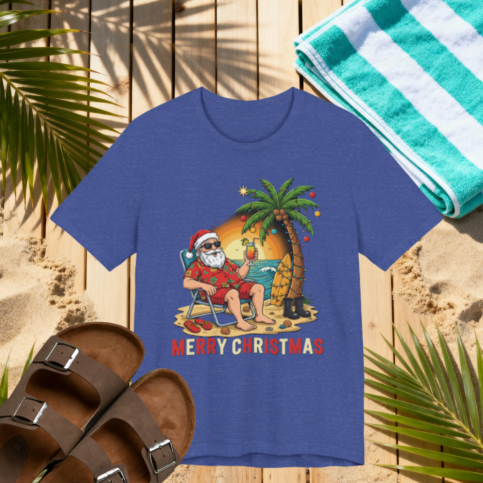 Funny Tropical Santa Shirt – “Merry Christmas” Beach Sunset Tee | Florida Holiday Humor T-Shirt Pease Note: (Sizes may run slightly small)