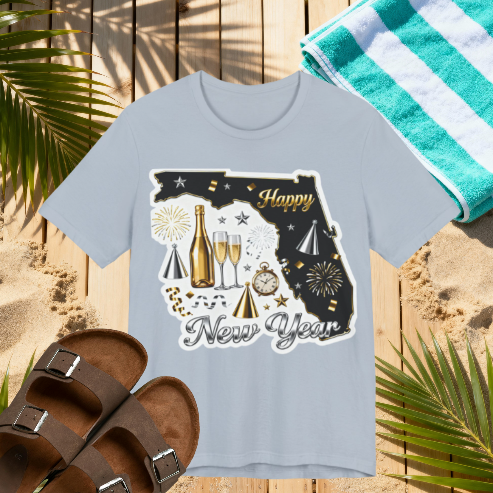Florida Happy New Year Shirt – Champagne & Fireworks State Tee | Festive Holiday Celebration T-Shirt Please Note: (Sizes may run slightly small)