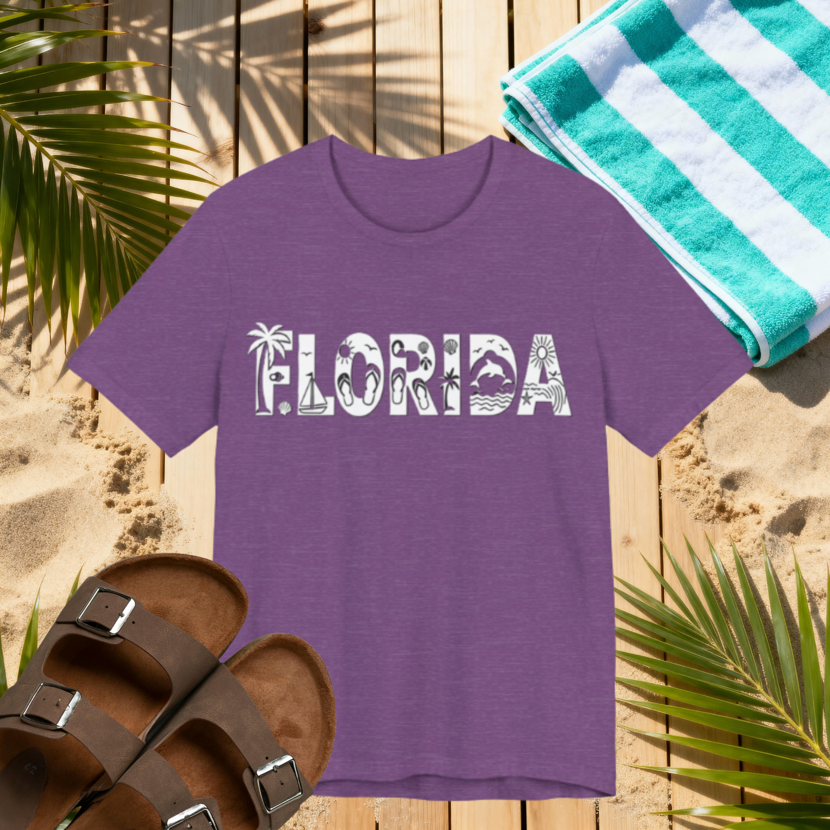Florida Beach Icons Shirt – Minimalist Sunshine State Tee | Palm Tree, Flip-Flop & Dolphin Design T-Shirt Please Note: (Sizes may run slightly small)
