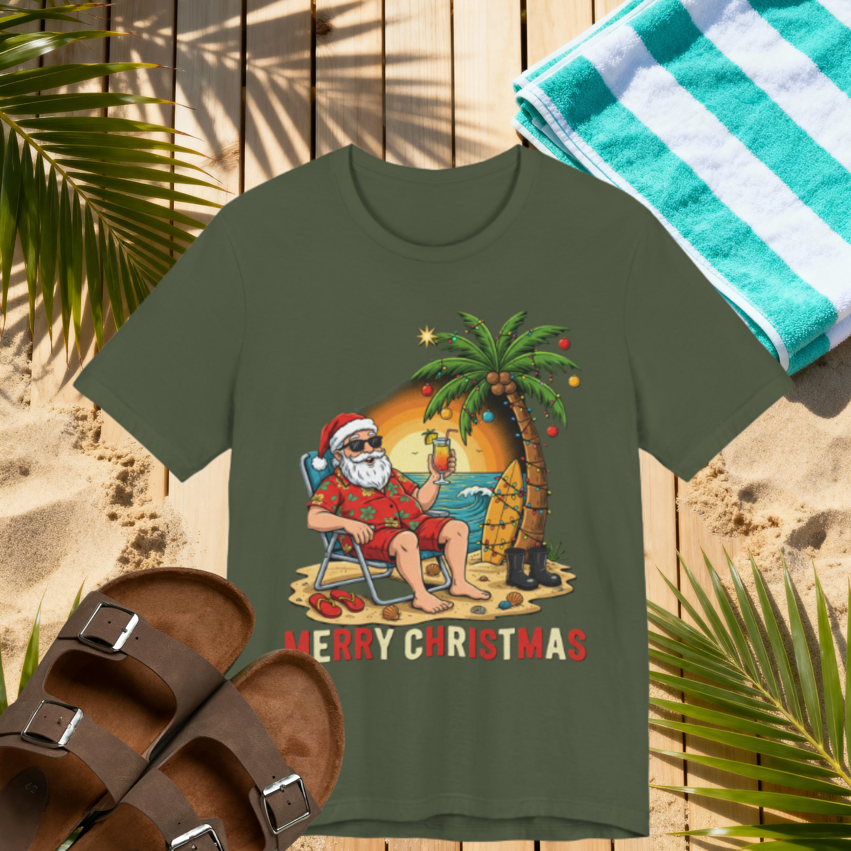 Florida Beach Santa Shirt – Funny Tropical Christmas Tee | Vacation Santa Holiday T-Shirt Please Note: (Sizes may run slightly small)