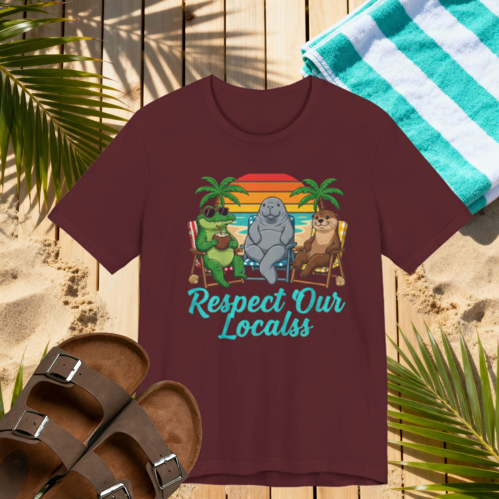 Respect Our Locals Florida T-Shirt – Funny Beach Wildlife Tee with Alligator, Manatee & Otter Please Note: (Sizes may run slightly small)