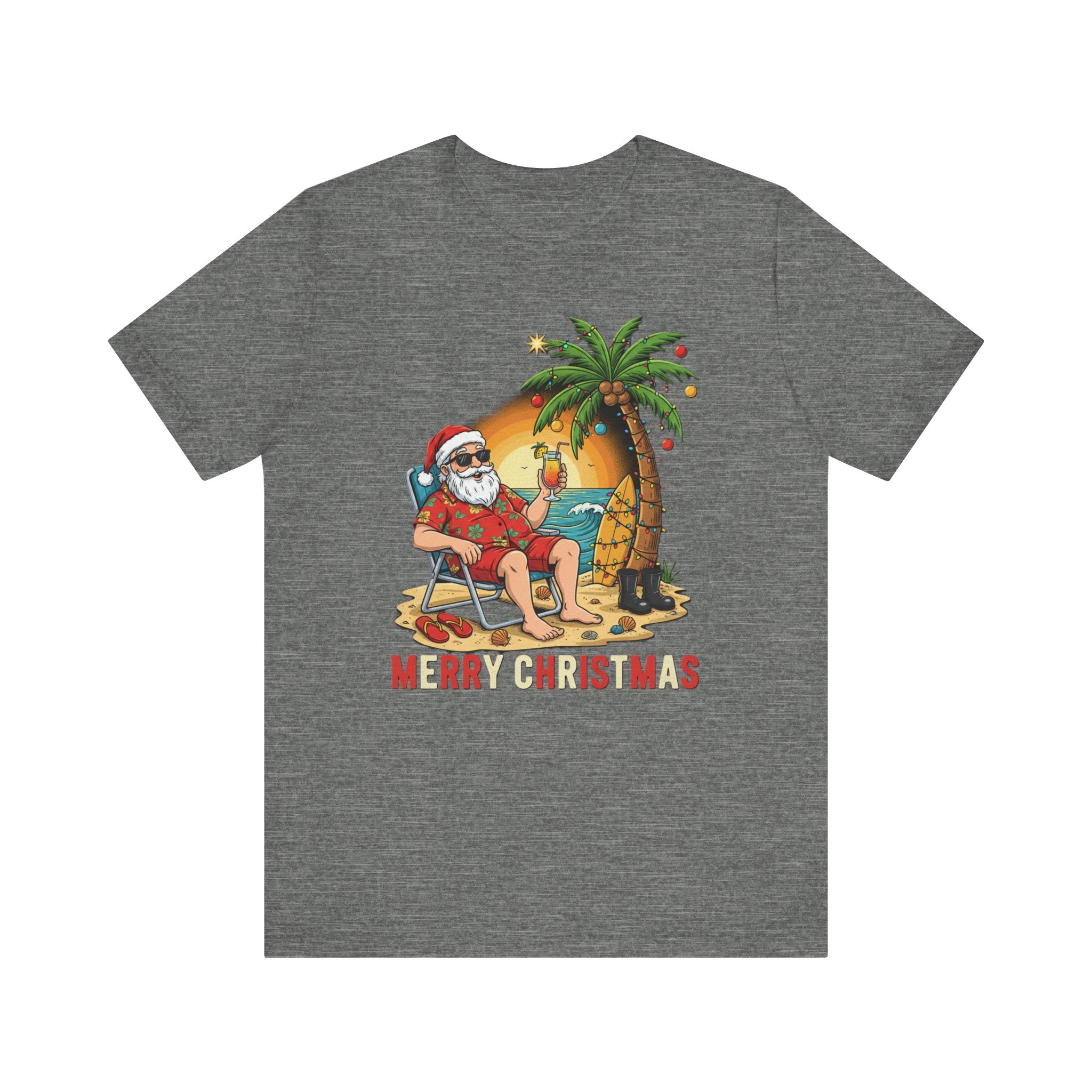Funny Tropical Santa Shirt – “Merry Christmas” Beach Sunset Tee | Florida Holiday Humor T-Shirt Pease Note: (Sizes may run slightly small)