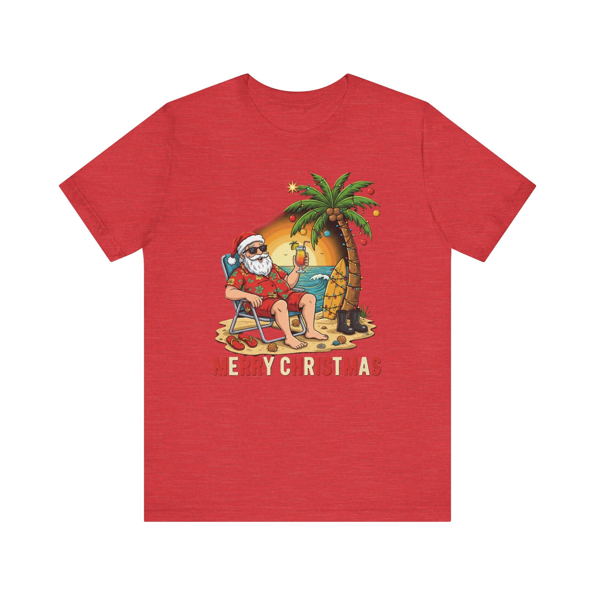 Funny Tropical Santa Shirt – “Merry Christmas” Beach Sunset Tee | Florida Holiday Humor T-Shirt Pease Note: (Sizes may run slightly small)