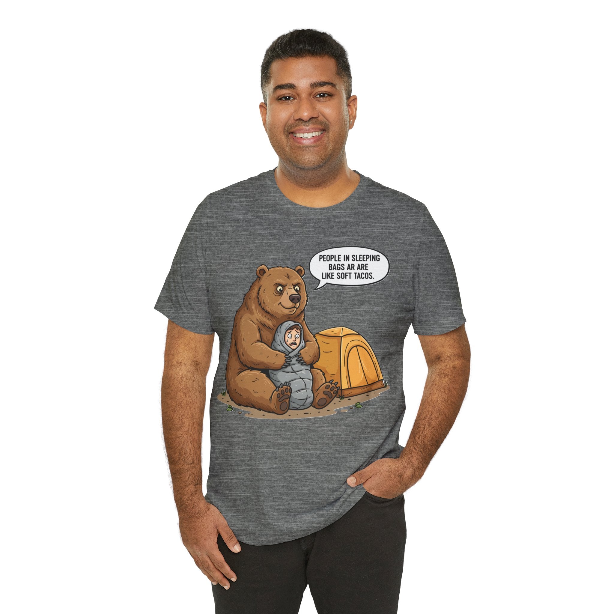 Funny Camping T-Shirt – “People in Sleeping Bags Are Like Soft Tacos”