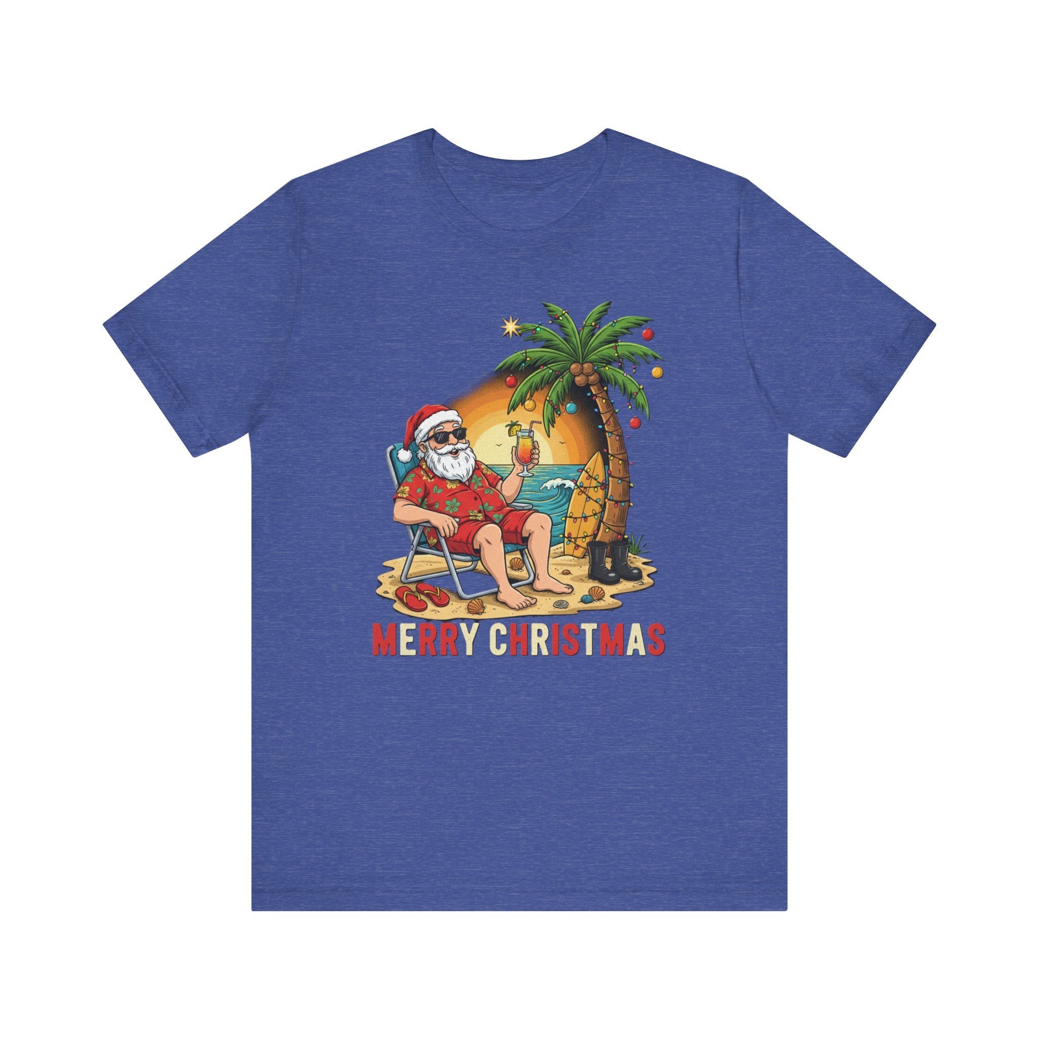 Funny Tropical Santa Shirt – “Merry Christmas” Beach Sunset Tee | Florida Holiday Humor T-Shirt Pease Note: (Sizes may run slightly small)